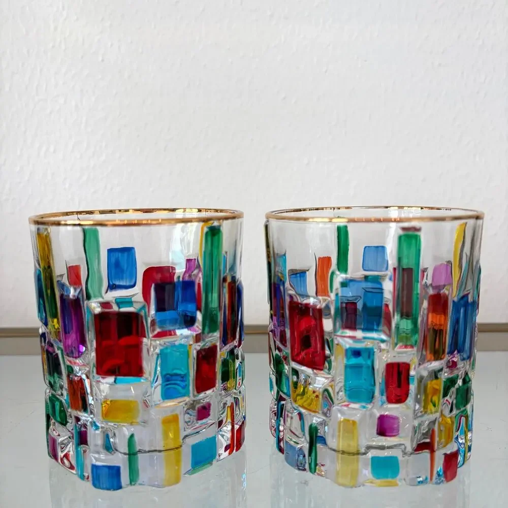 Hand Painted Italian Murano Crystal Whiskey Glasses 2pc 10oz Colorful Mosaic